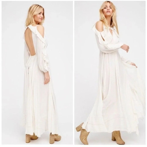 NWT FREE PEOPLE Huxley Maxi Dress Ruffle Cutout Open Back Metallic Boho Size S - Picture 3 of 12